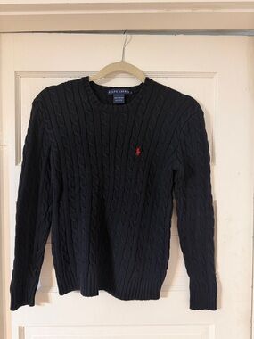 Ralph Lauren Men’s Black Cable-Knit Crewneck Sweater with Red Pony